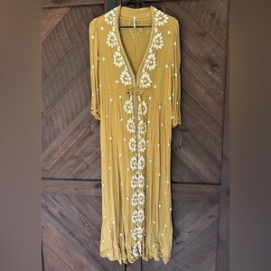 Free People Yellow Gown with Plunge Neckline and Bishop Sleeves